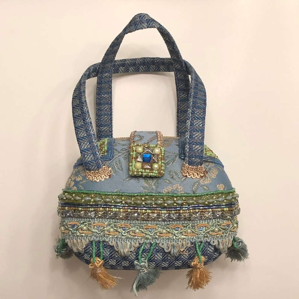 Mary Frances Beaded Fabric unique purse Blue Gold